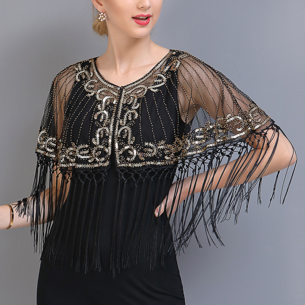 Femmes Vintage années 1920 châle perlé paillettes frange clapet boléro pure broderie florale maille haussement d'épaules Cape fantaisie fête couvrir