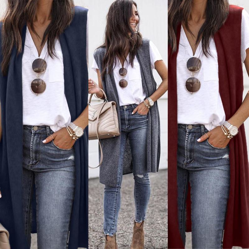 Mode femmes tricots décontractés manteau Cardigan à la mode longue sans manches gilet veste