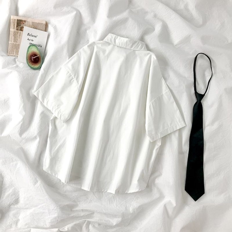 Chemises blanches pour femmes, cravate noire, Style japonais, pour étudiantes Preppy, chemisier pour filles JK, Simple, solide, ample, hauts d'été à boutons, nouveau