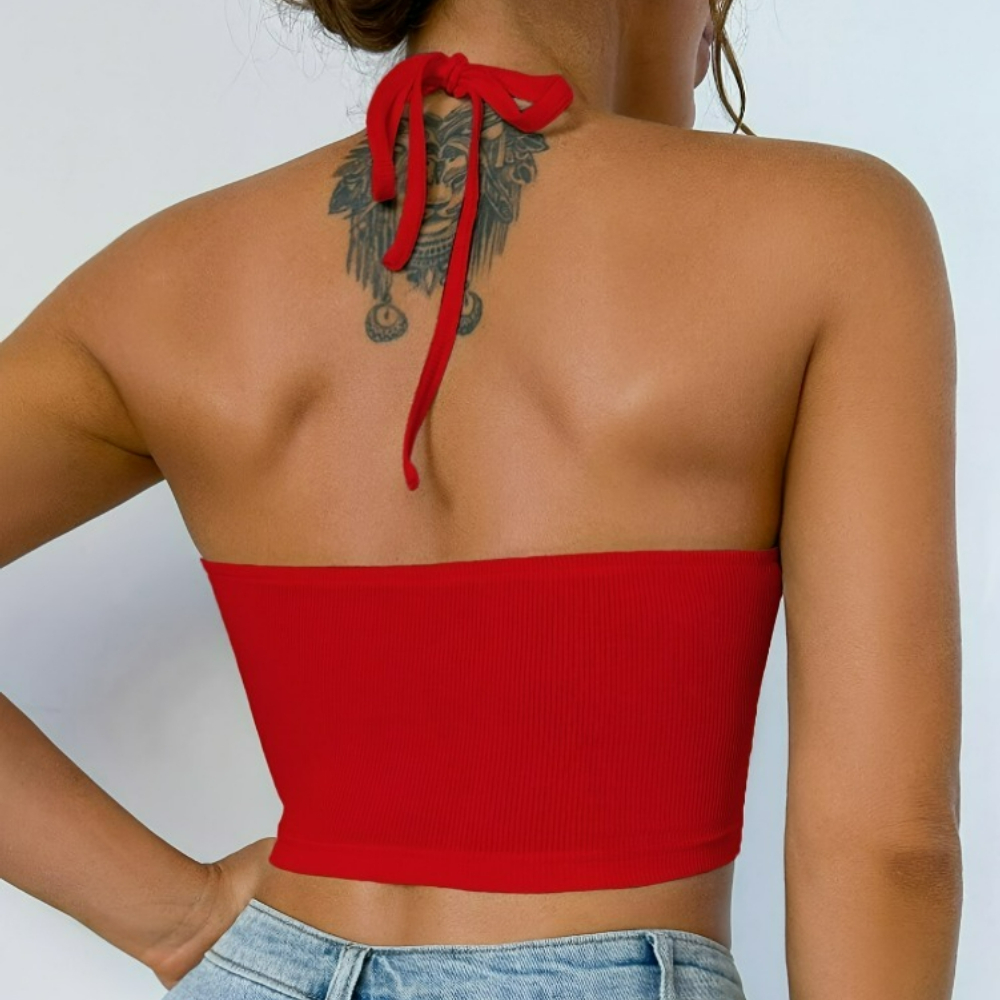 Haut court sexy dos nu pour femme, idéal pour les soirées, mode estivale, ajouré, jaune