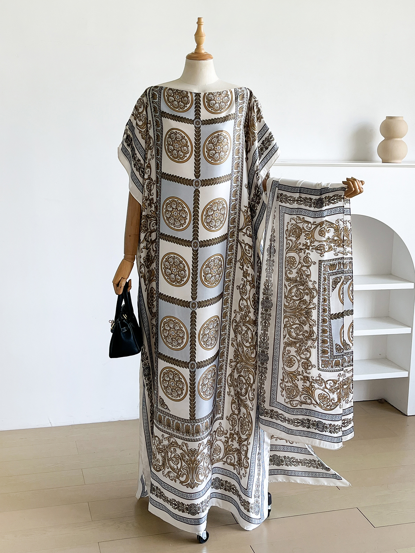 Abaya vintage baroque à imprimé satiné avec foulard, kaftan maxi ample pour femmes musulmanes africaines, tenue d'été pour la plage et les vacances
