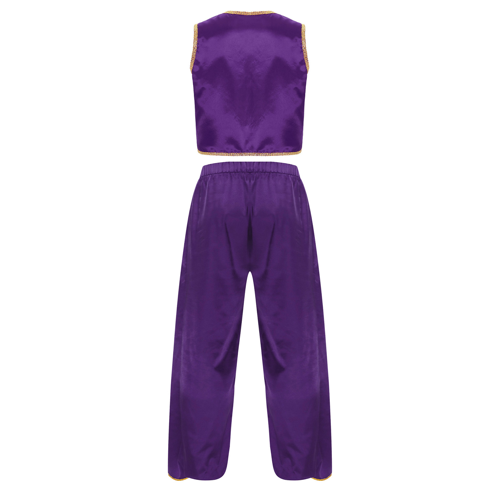 Costume de Prince arabe satiné pour hommes, garniture dorée, gilet ouvert sur le devant, hauts et pantalons de Cosplay Baggy, pantalon Palazzo indien Dhoti