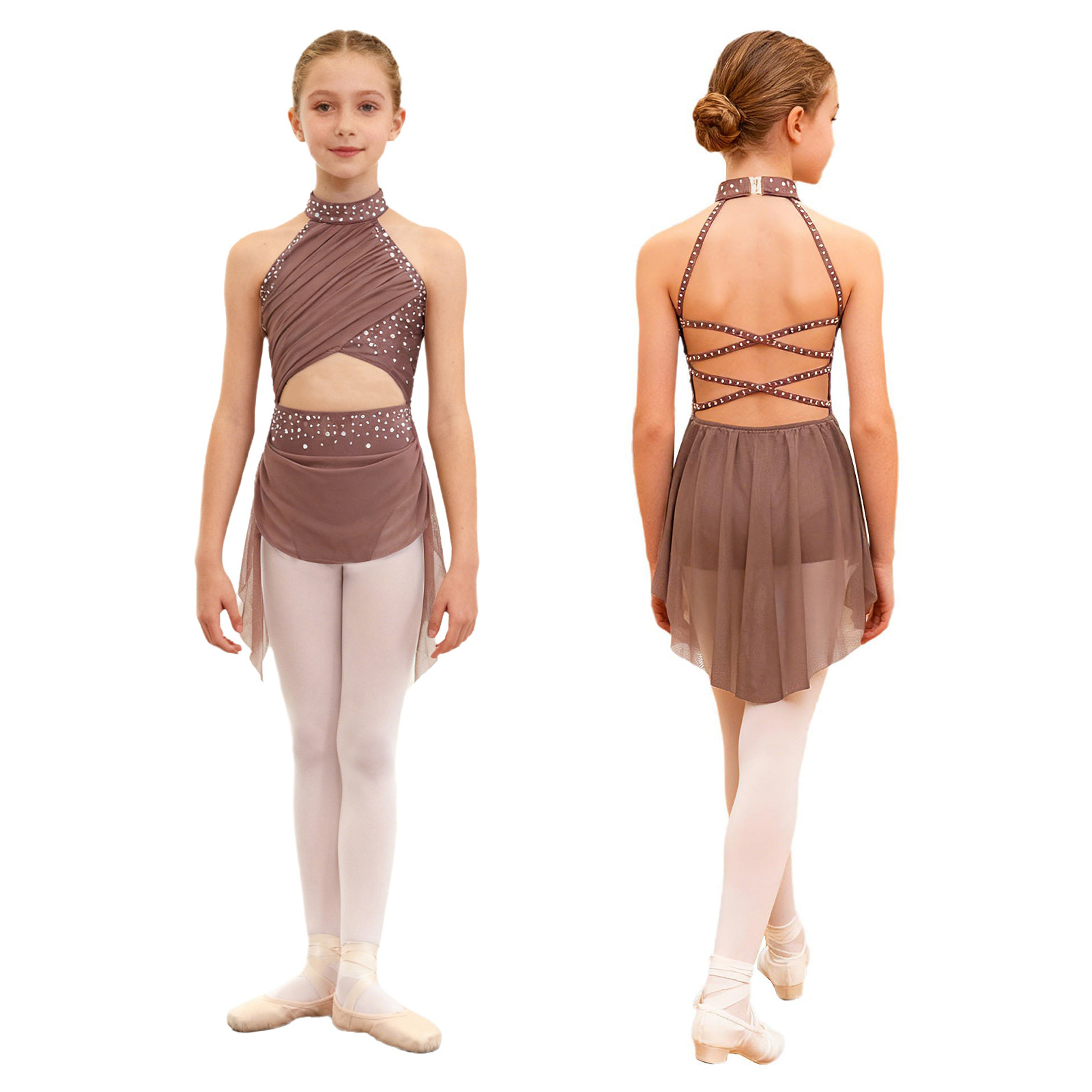 Costume de danse lyrique moderne pour filles, robe de gymnastique, de patinage artistique, de ballet, d'acrobatie, avec strass brillants et maille