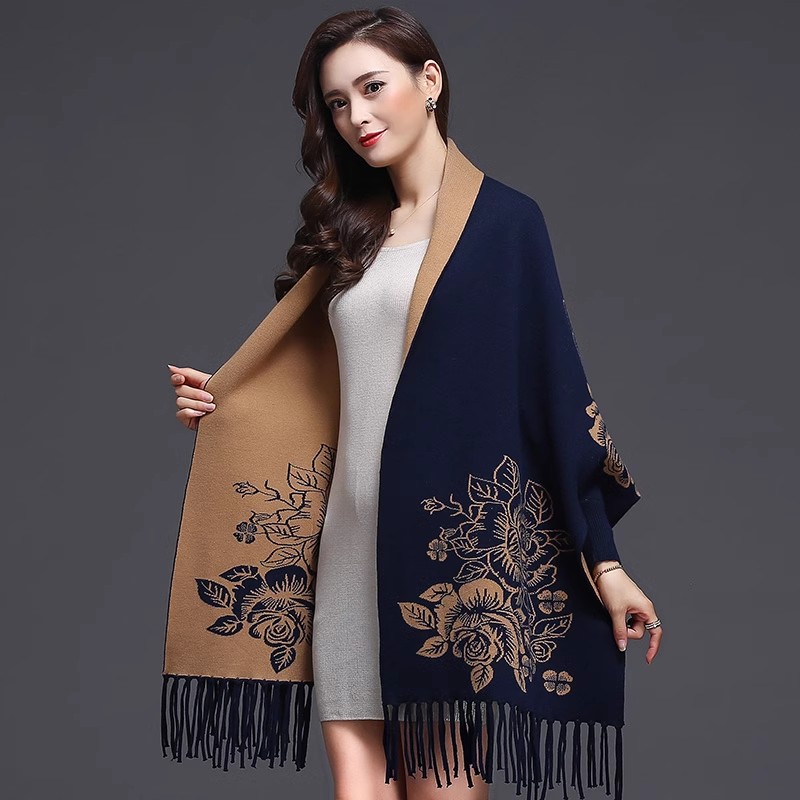 Châle pour femme, automne-hiver, style veste cape, cardigan en tricot ample à franges, pull en laine épais, réversible, manteau châle, vêtement d'extérieur