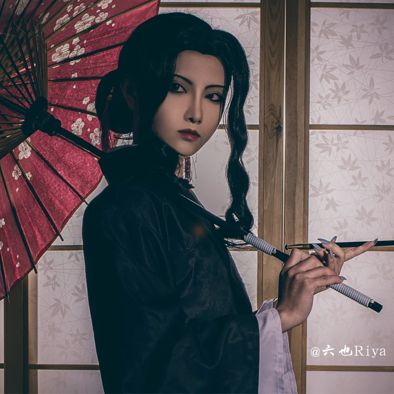 Perruque de cosplay Kimetsu No Yaiba Kibutsuji Muzan, couvre-chef noir pour femmes, cheveux synthétiques bouclés résistants à la chaleur, perruques pour costume d'Halloween