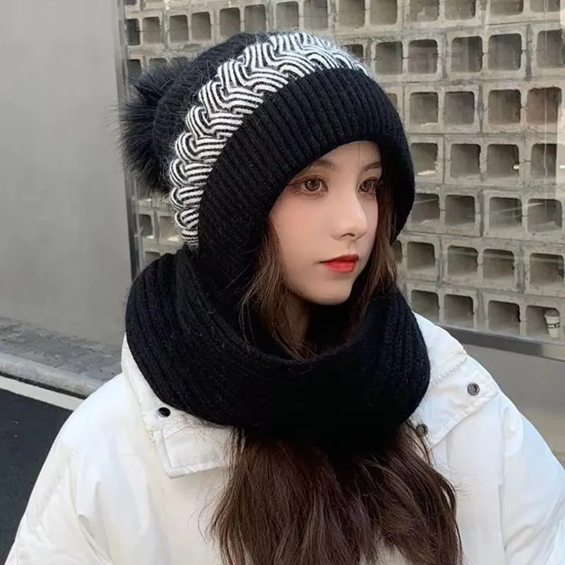 Bonnet et écharpe tout-en-un pour femme, bonnet rembourré pour le cou, protection des oreilles, cheveux de lapin chauds, mignon, résistant au froid, cyclisme, hiver