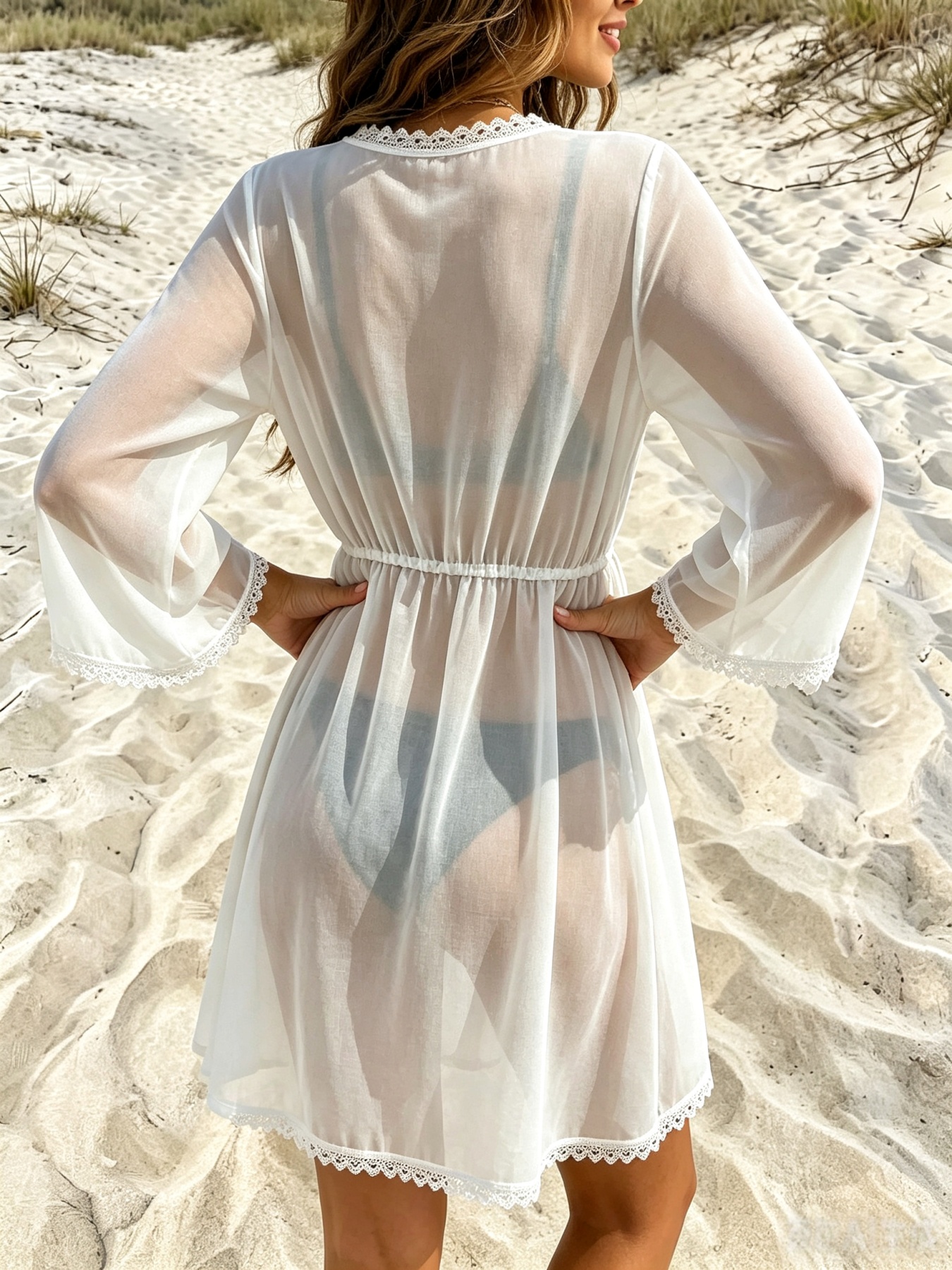 Robe Kimono de Plage Blanche en Chiffon pour Femme avec Bordure en Dentelle, Franges, Taille à Nouer et Manches Évasées