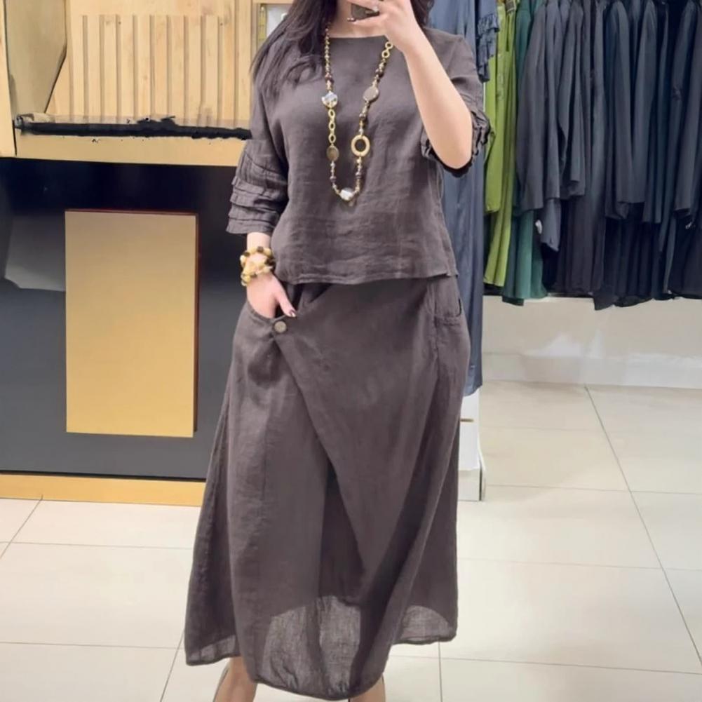 Tenue d'été pour femmes, col rond, manches courtes, haut ample, jupe Midi, ensemble décontracté 2 pièces, ensemble de salon, pull et jupes trapèze