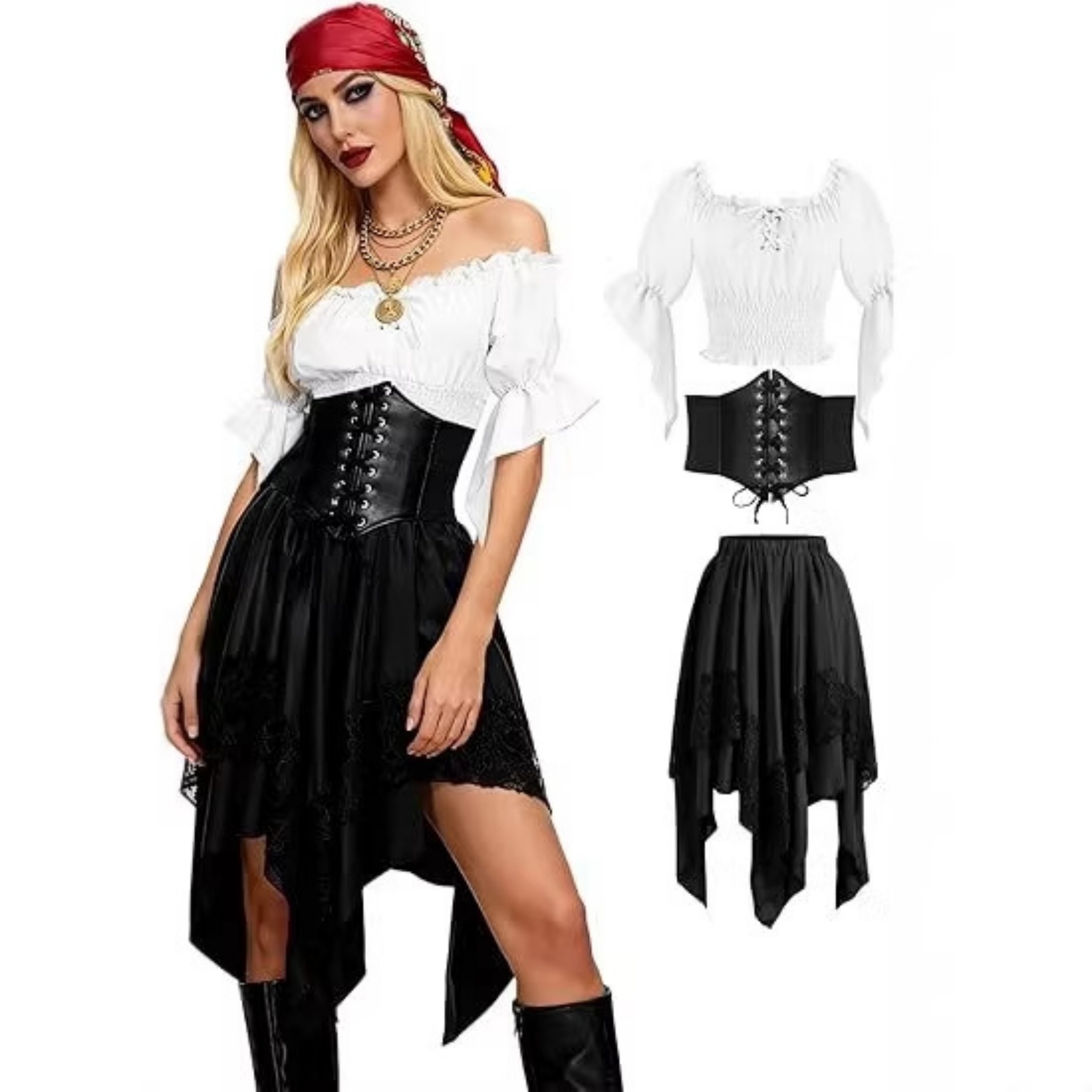 Jupe de pirate, robe de la Renaissance, costume de fée asymétrique pointu pour femme, haut de fermière médiéval, ensemble d'Halloween
