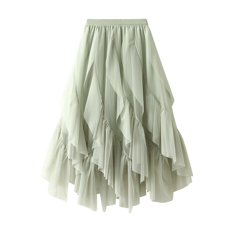 Jupe mi-longue décontractée en maille à volants pour femmes, nouvelle collection d'été, slim, élastique, taille haute, doublure en maille unie, vêtements pour femmes