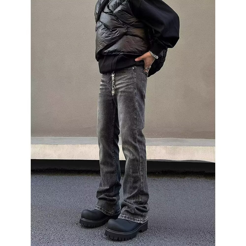 Jean noir délavé de rue américaine pour hommes, pantalon micro évasé élastique, coupe droite, élégant et coupe droite