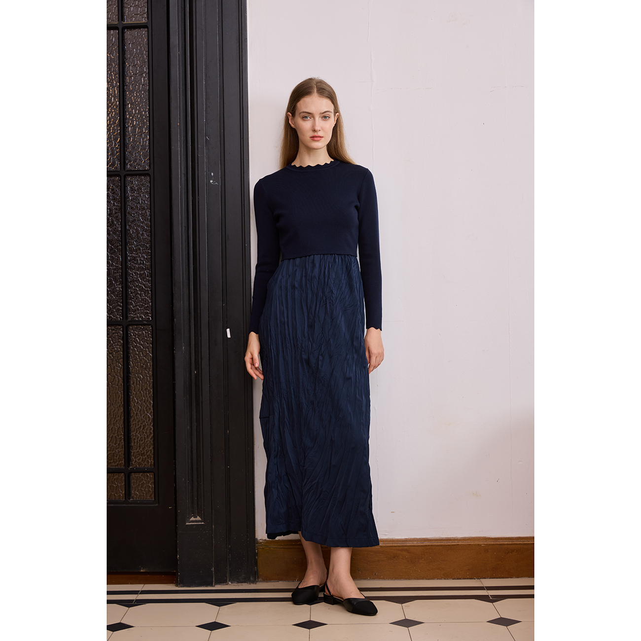 AP 2026 femmes automne et hiver robe froissé tricot Patchwork élégant dame robe Maxi
