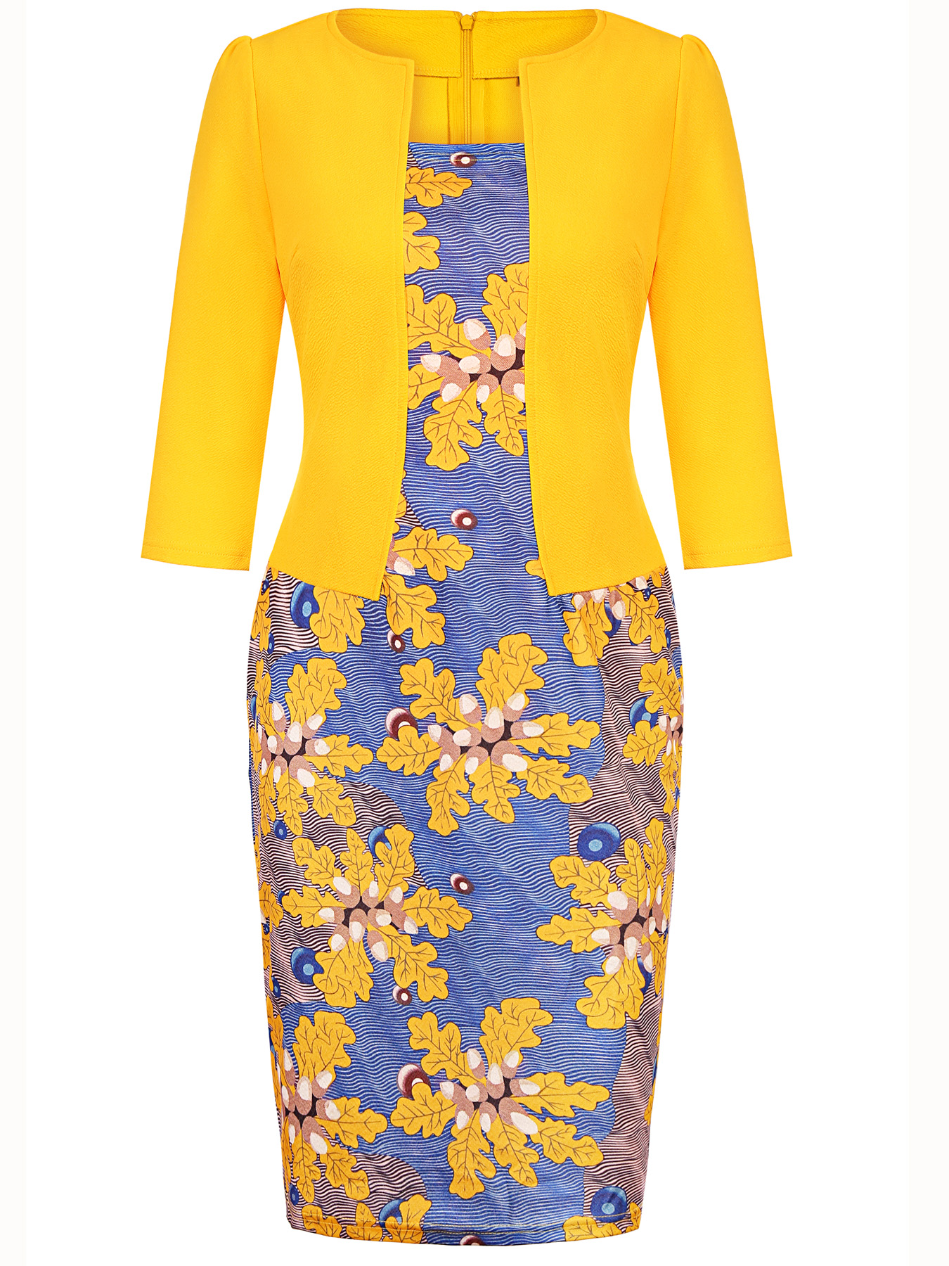 Robe fourreau élégante pour femme, motif floral patchwork, longueur genou, manches 2/3, effet deux pièces, style décontracté chic pour le bureau ou les soirées