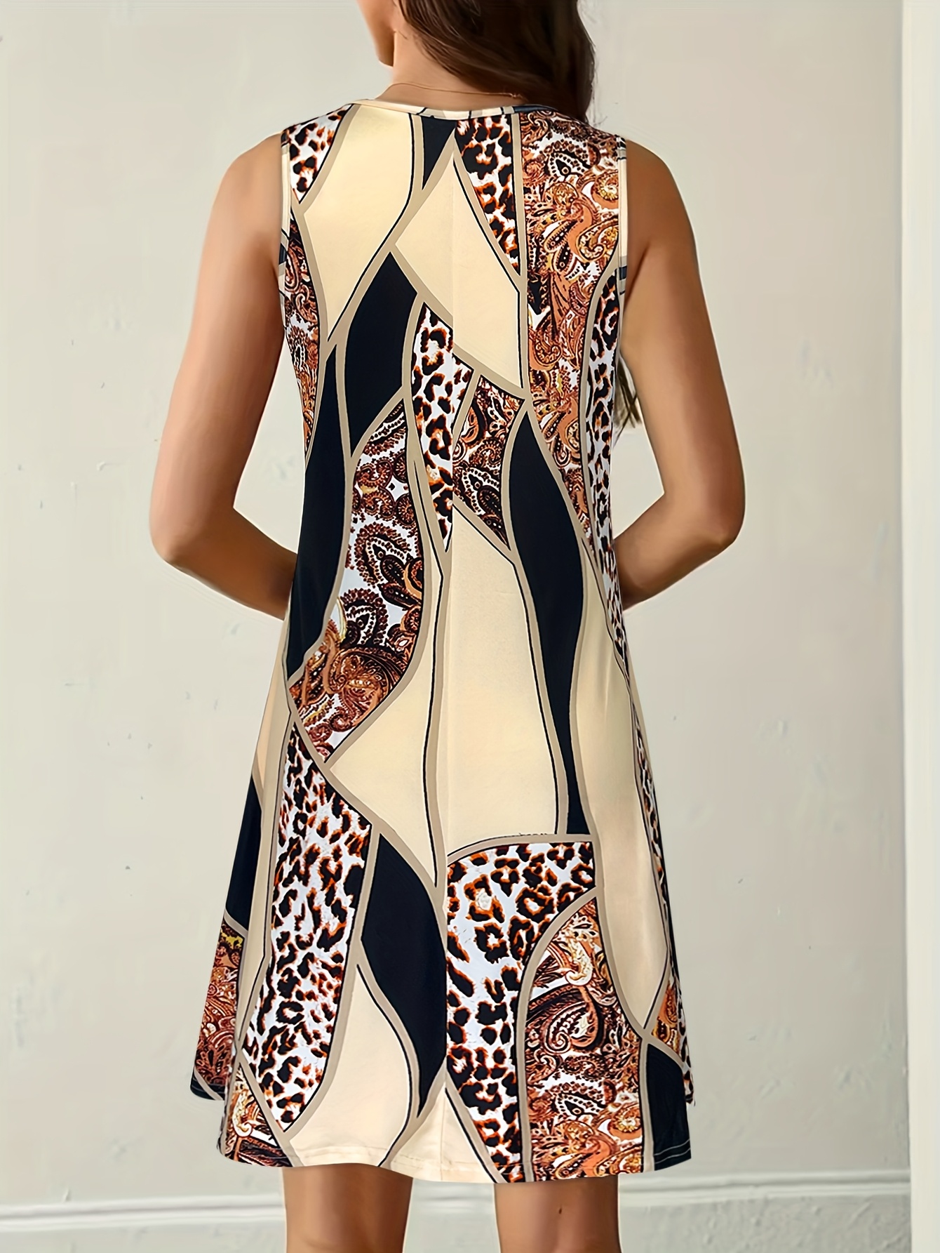 Robe d'été décontractée sans manches pour femme, imprimé léopard et cachemire, col rond, coupe ample évasée
