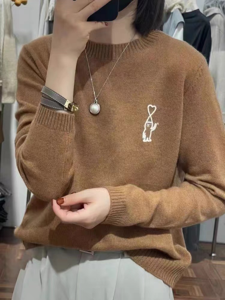 Pull en cachemire à manches longues et col rond pour femme, nouveau Style, haut brodé, printemps et automne