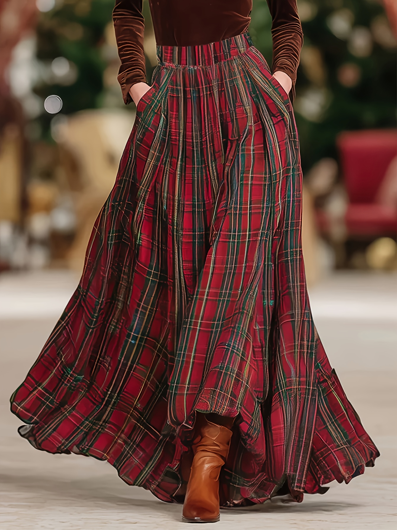 Jupe élégante rétro à motif écossais pour femmes grandes tailles, avec taille élastique, sans ceinture, adaptée à toutes les saisons, parfaite pour le quotidien et les trajets domicile-travail.