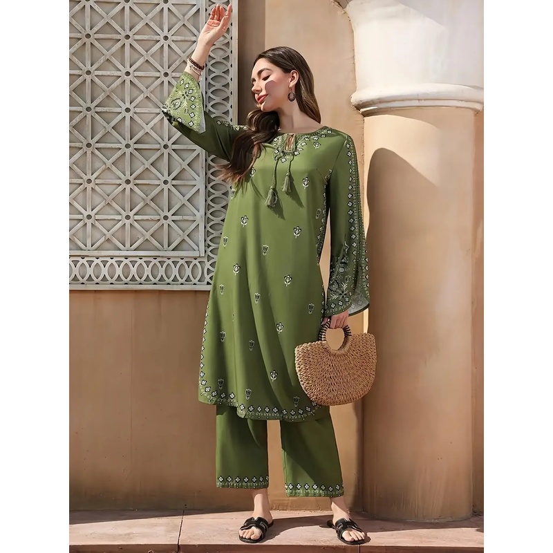 Ensemble Salwar Chic Bohème 2 Pièces, Imprimé Ethnique, Léger et Non Transparent, Mode Ramadan avec Poignets et Ourlet Évasés pour Femme, Idéal pour l'Extérieur