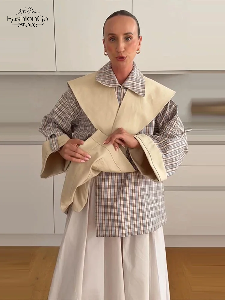 Veste courte pour femme à carreaux et patchwork, double boutonnage, manches longues, col marin contrastant, poches, coupe ample, décontractée, 2026