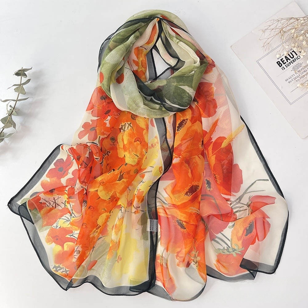 Écharpe en mousseline de soie florale pour femme – Georgette soyeuse 160x50cm, enveloppement de plage d'été léger et hijab de protection solaire