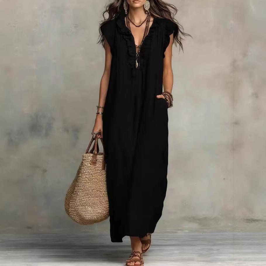 Robe longue décontractée d'été 2026 pour femme, style bohème, en coton et lin, couleur unie, col en V à volants, sans manches, coupe ample, avec poches, pour la plage