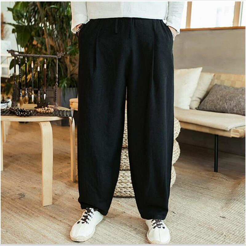 Pantalon large pour homme, grande taille 6XL 7XL, en coton et lin, pantalon ample de style harem, pantalon d'été, pantalon ample pour homme avec cordon de serrage, vêtements pour homme.