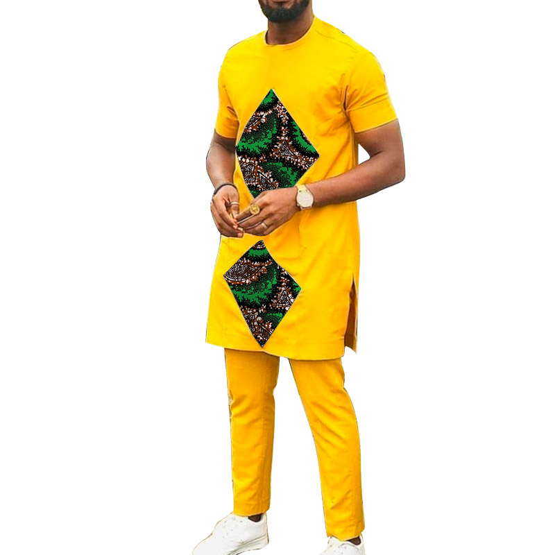 Ensembles de haut en Patchwork imprimé losange pour hommes, costumes africains en coton jaune, tenues masculines, t-shirts avec pantalons, vêtement de mariage personnalisé