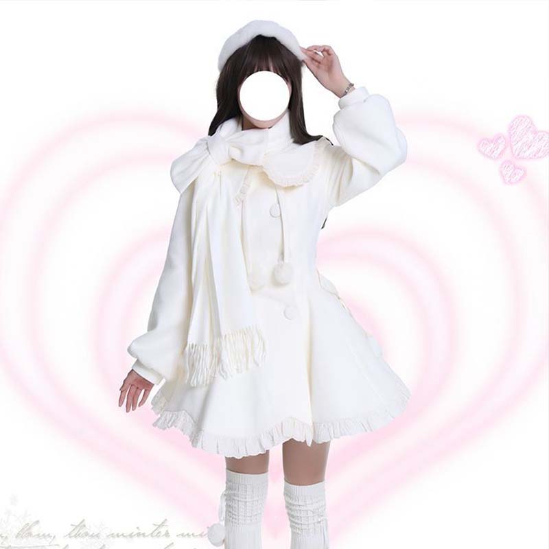 Manteau en laine mi-long avec nœud mignon japonais Kawaii, col en fausse fourrure, veste en laine pour filles et femmes, pardessus chaud d'hiver