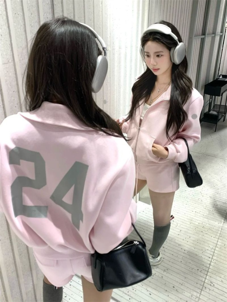 Ensemble 2 pièces décontracté rose de Style coréen pour femmes, veste à capuche avec fermeture éclair + short droit taille haute, Harajuku Chic, Streetwear, nouveau