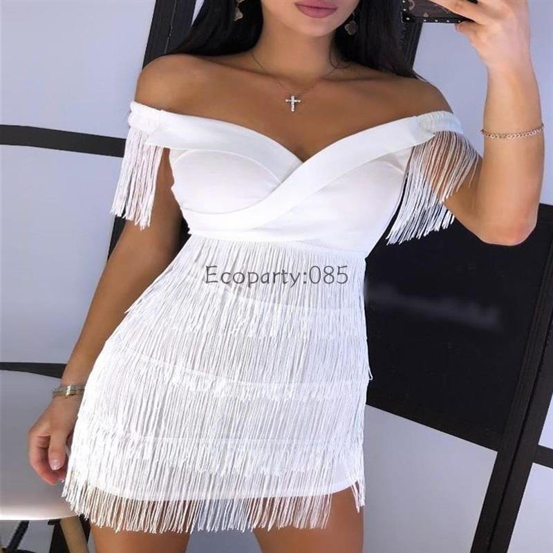 Robe de soirée sexy à col en V pour femmes, jupe à franges à une épaule, robe de tempérament pour dames, robe mince à manches courtes, robe de club, robe éducative