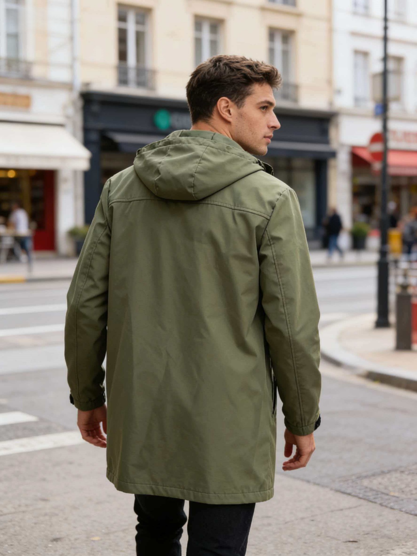 Parka longue à capuche pour homme noir, coupe-vent mi-longue décontractée urbaine avec capuche ajustable et poches zippées