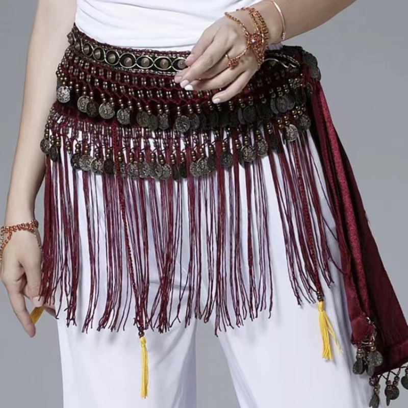 Costumes d'écharpe de hanche de danse du ventre tribal pour femmes, paillettes financières, long pompon, ceinture de danse du ventre, jupe ronde, taille, tenue de carnaval