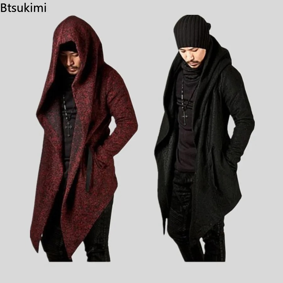 Men's Fashion Hoodies Cardigan Solid Pocket Loose Trench Jackets Casual Open Stitch Gothic Hooded Long Cloak Cape Coats for Men