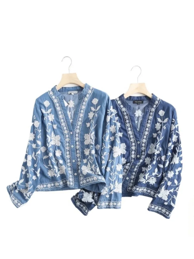 Kimono Boho Vintage Denim Coton pour Femme, Broderie Bleue, Bohème Col V, Manches Chauve-Souris, Robe Courte, Cover-up