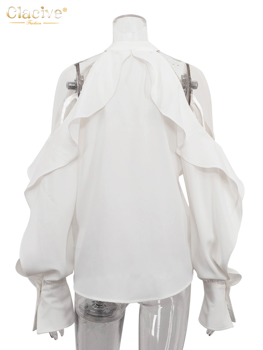 ClacMarkets-Chemise à manches longues à col rond pour femmes, haut à volants classique, vêtements féminins élégants, sexy, mode blanche