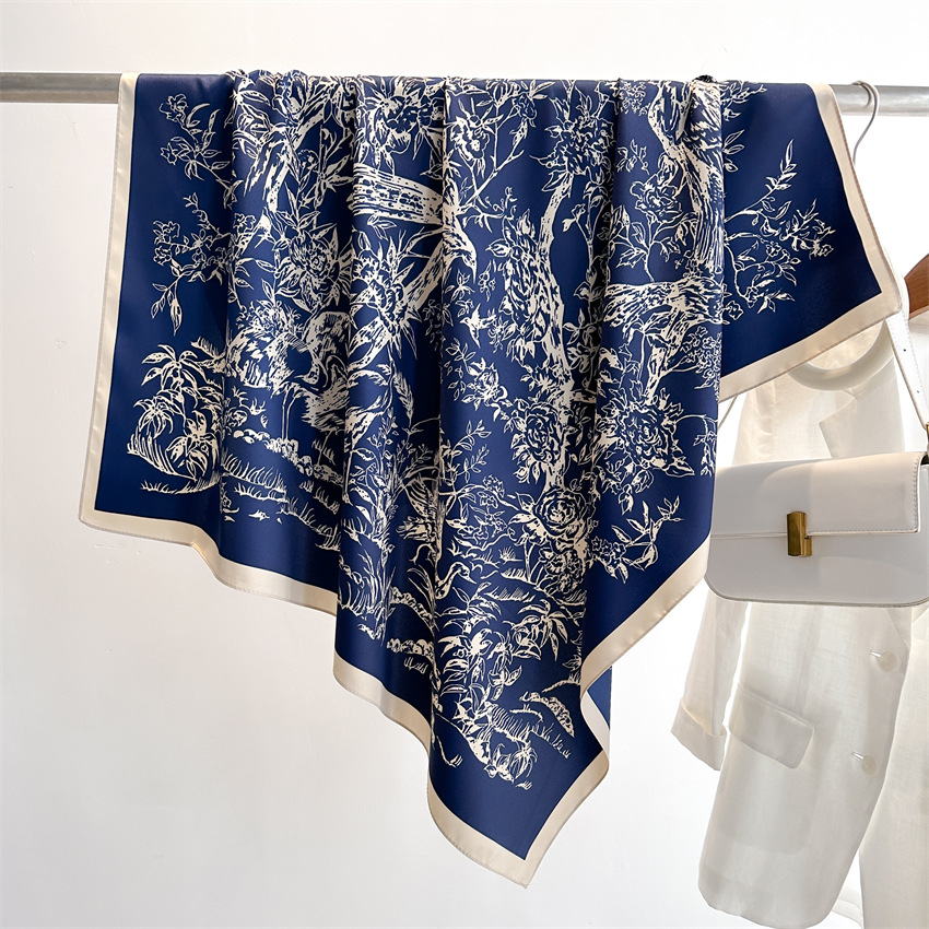 Foulard Carré à Imprimé Floral pour Femme, 90x90cm, Écharpe Design de Marque de Luxe, Motif Floral, Oiseau sur Arbre, Mouchoir, Bandana, 2024