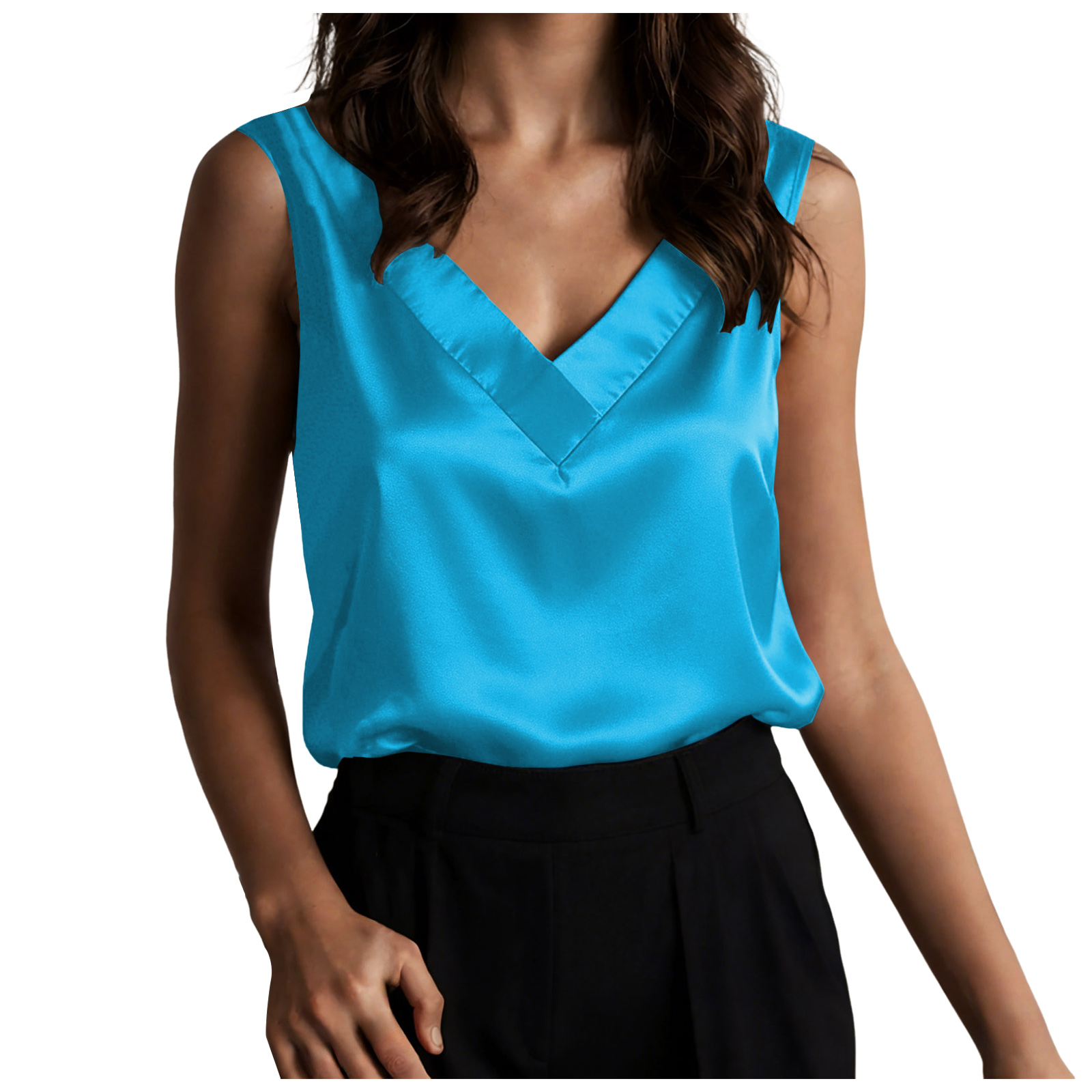 Chemisiers en satin de soie pour femmes, débardeurs décontractés à col en V, chemisiers sans manches pour le travail, chemisiers habillés d'été, tailles 2XL pour femmes