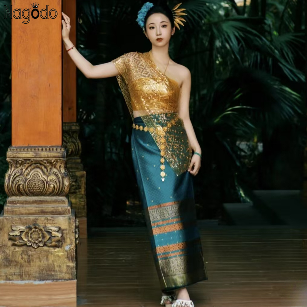 Robe Traditionnelle Thaïlandaise Vintage Dai pour Femme, Ensemble Jupe Sarong, Costume de Festival, Châle à Paillettes, Vêtements Asiatiques RON, 5 Pièces