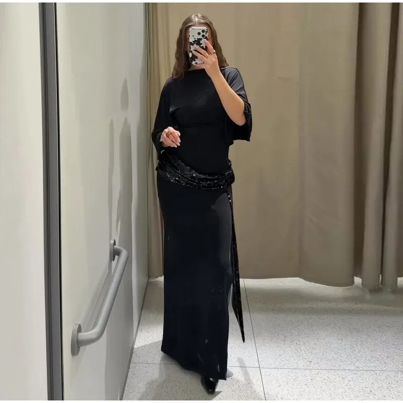 Robe Maxi en Patchwork de paillettes pour femmes, dos nu, élégante, manches larges, longue, nouvelle mode féminine, Robes de soirée quotidiennes