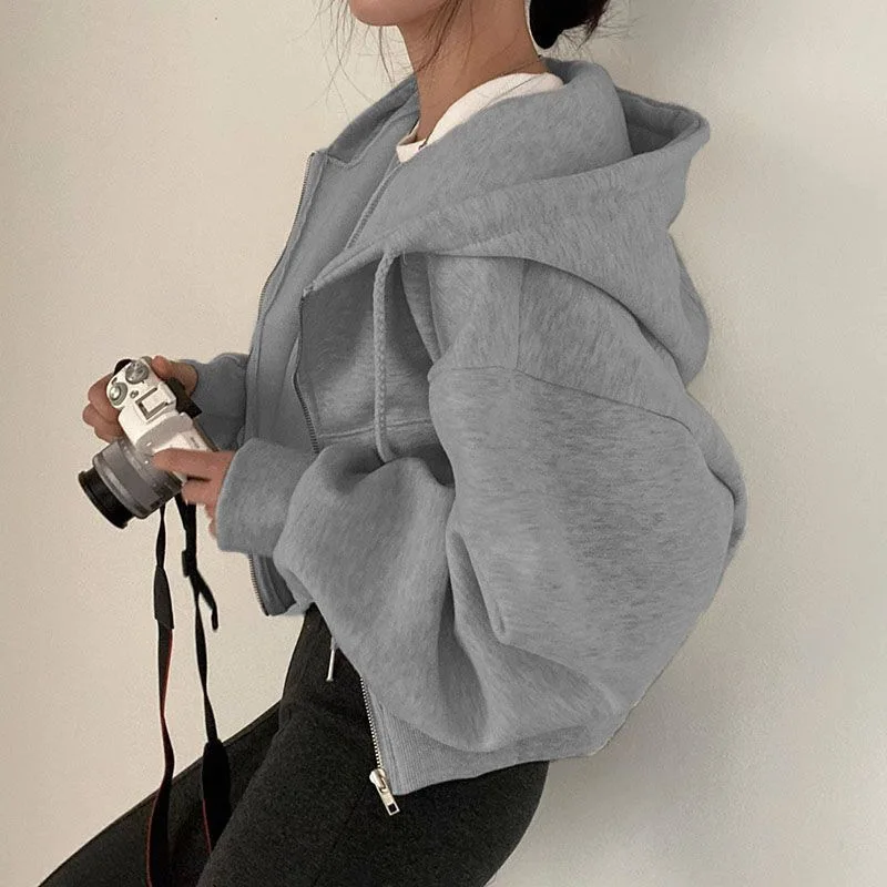 Sweat-shirt à Capuche Décontracté pour Femme, Y2K, Fermeture Éclair, Couleur Unie, Harajuku, Chemise à Manches sulf, Veste, Manteau