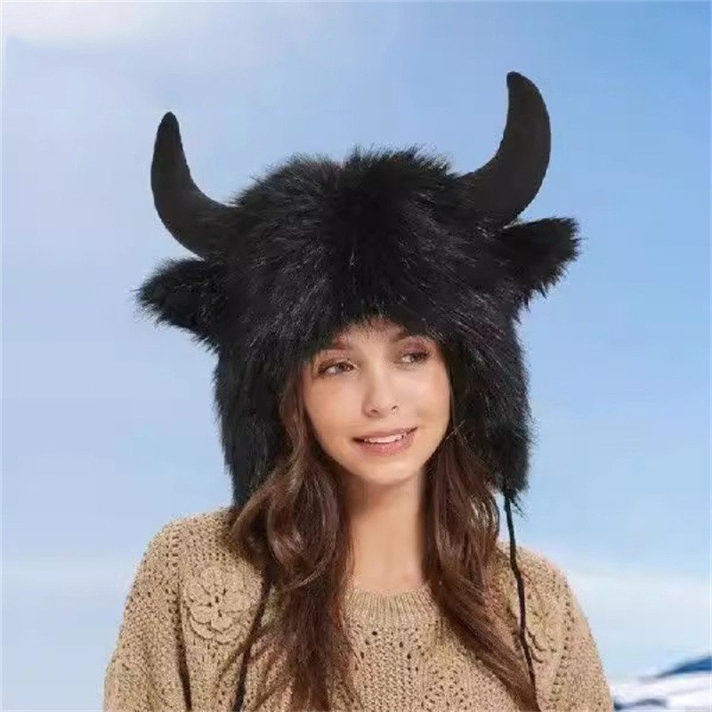 Chapeau Bullhead unisexe de haute qualité, chapeau en fourrure de bison épaisse et moelleuse avec cornes, chapeau coupe-vent avec cache-oreilles