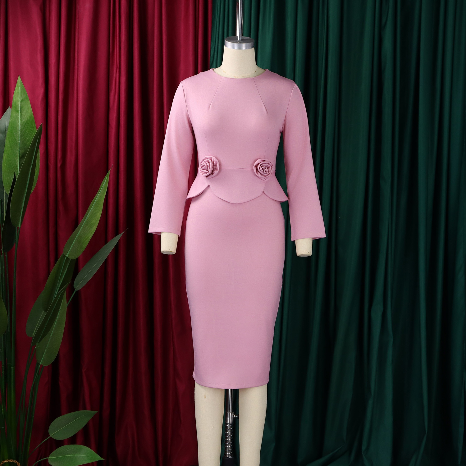 Robes moulantes élégantes pour femmes, col rond, manches longues, décoration florale, gaine solide, paquet de hanches, mi-mollet, robe de travail professionnelle