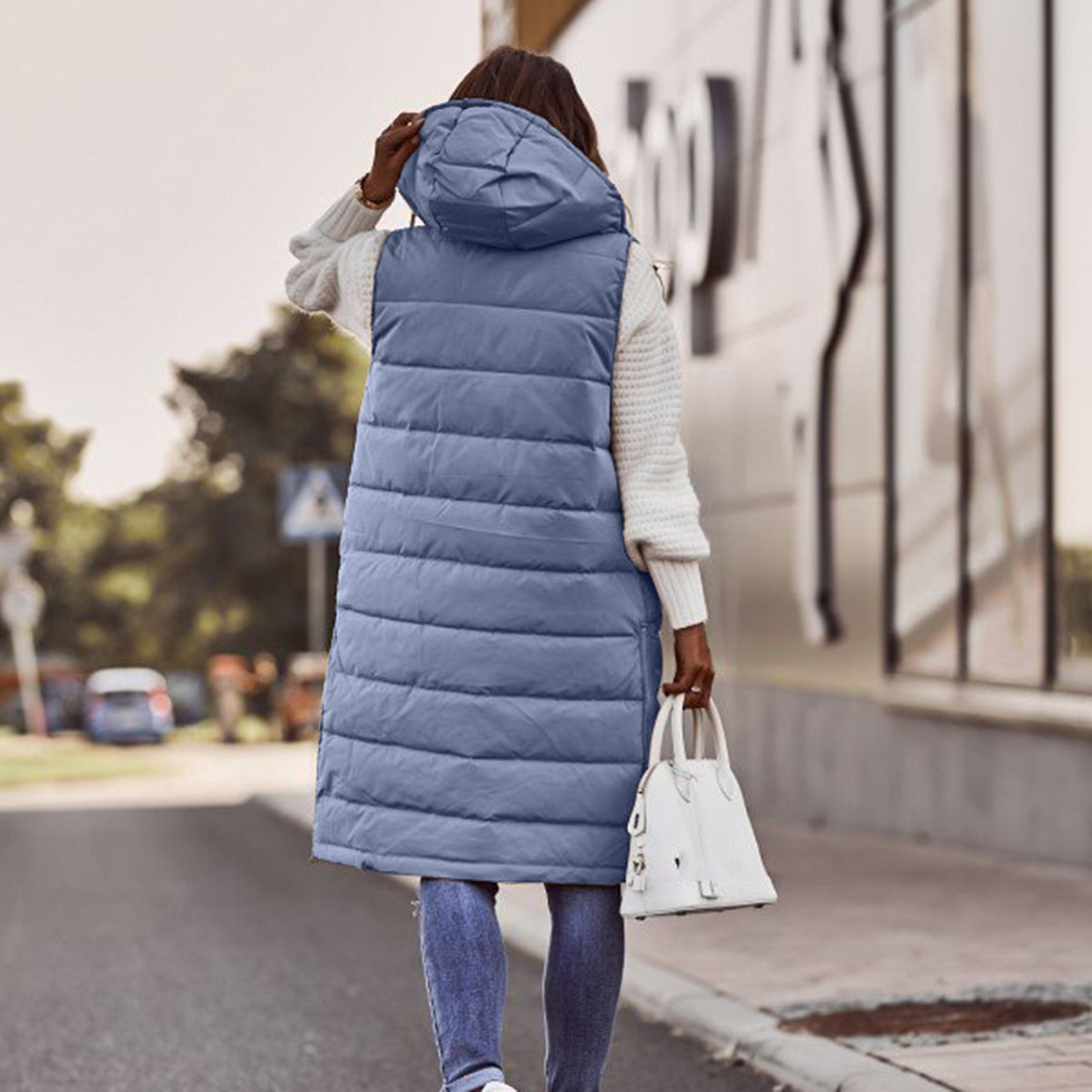 Manteaux d'hiver longs pour femmes, gilet avec capuche, matelassé, veste en coton, sans manches, manteau chaud avec poches, vestes d'extérieur, S-5XL