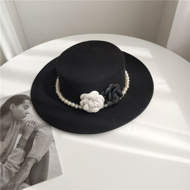 Chapeau haut de forme français à grand bord pour femme, style rétro élégant, Fedora plat, perle florale britannique, chapeau à large bord, photographie, noir