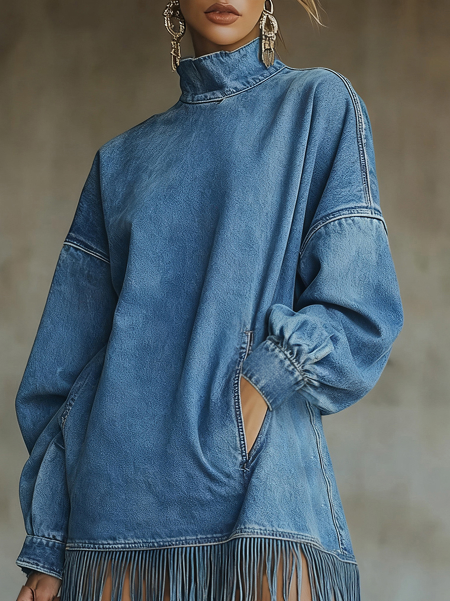 Robes en jean vintage pour femmes, col mi-haut, couleur unie, ourlet à franges, robe longue à manches longues, poche, sweat-shirt ample