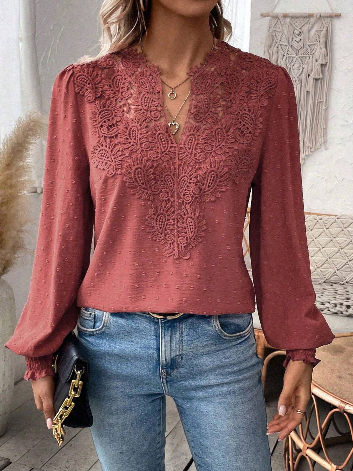 Pull en dentelle à manches longues pour femmes, pull à col en V, manches bouffantes, mignon, automne, 2024