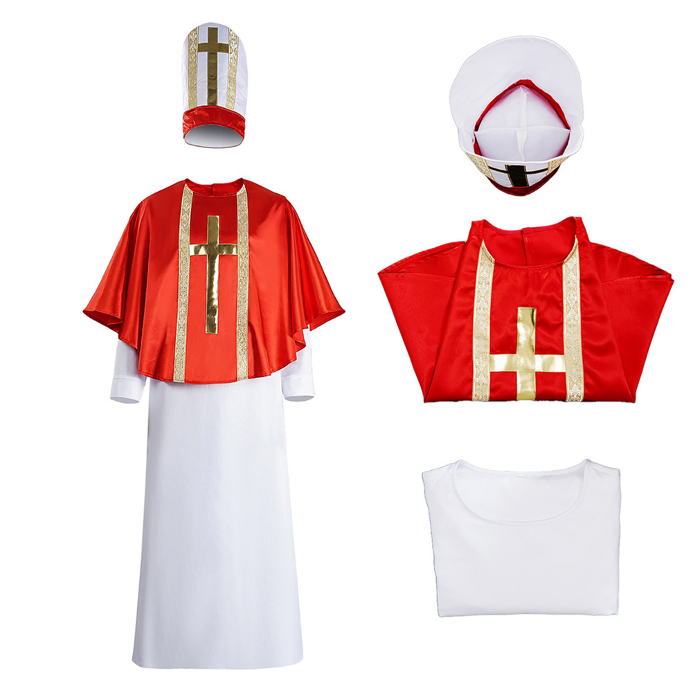 Costume de Prêtre Rétro pour Hommes Adultes, Robe Médiévale de Pape, Cape et Chapeau de Pasteur, Tenue de Fête d'Halloween et de Carnaval
