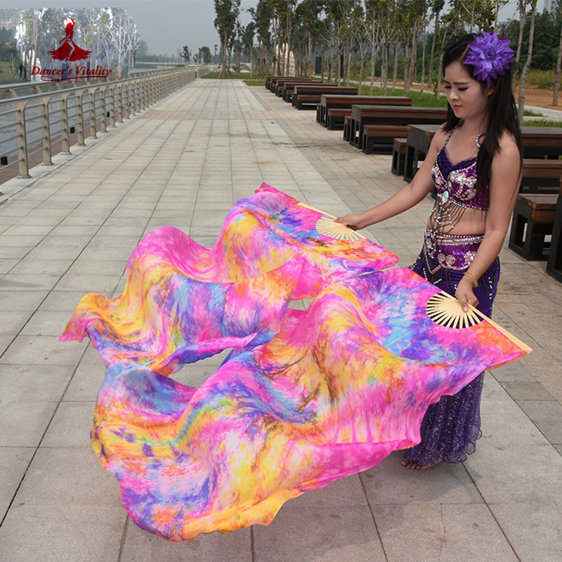 Voiles en éventail teints en soie naturelle pure 100% pour femmes, costumes et accessoires de danse du ventre pour spectacle de danse du ventre, une paire