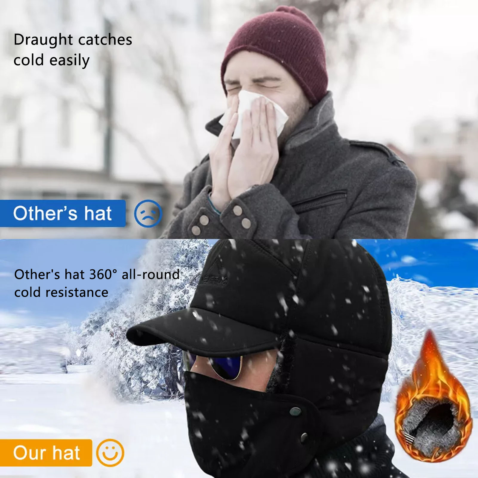 Chapeau de fourrure d'hiver pour hommes avec oreillettes et masque facial coupe-vent chaud doublé polaire Ski neige moto casquette d'équitation noir gris bleu marine
