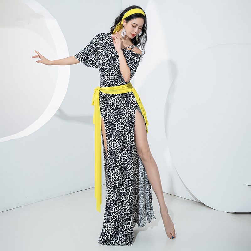Robe Baladi Épicée Égyptienne à Imprimé Léopard, Costume de brevdu Ventre Sexy, Fendue sur le Côté, avec Ceinture, 4 Pièces