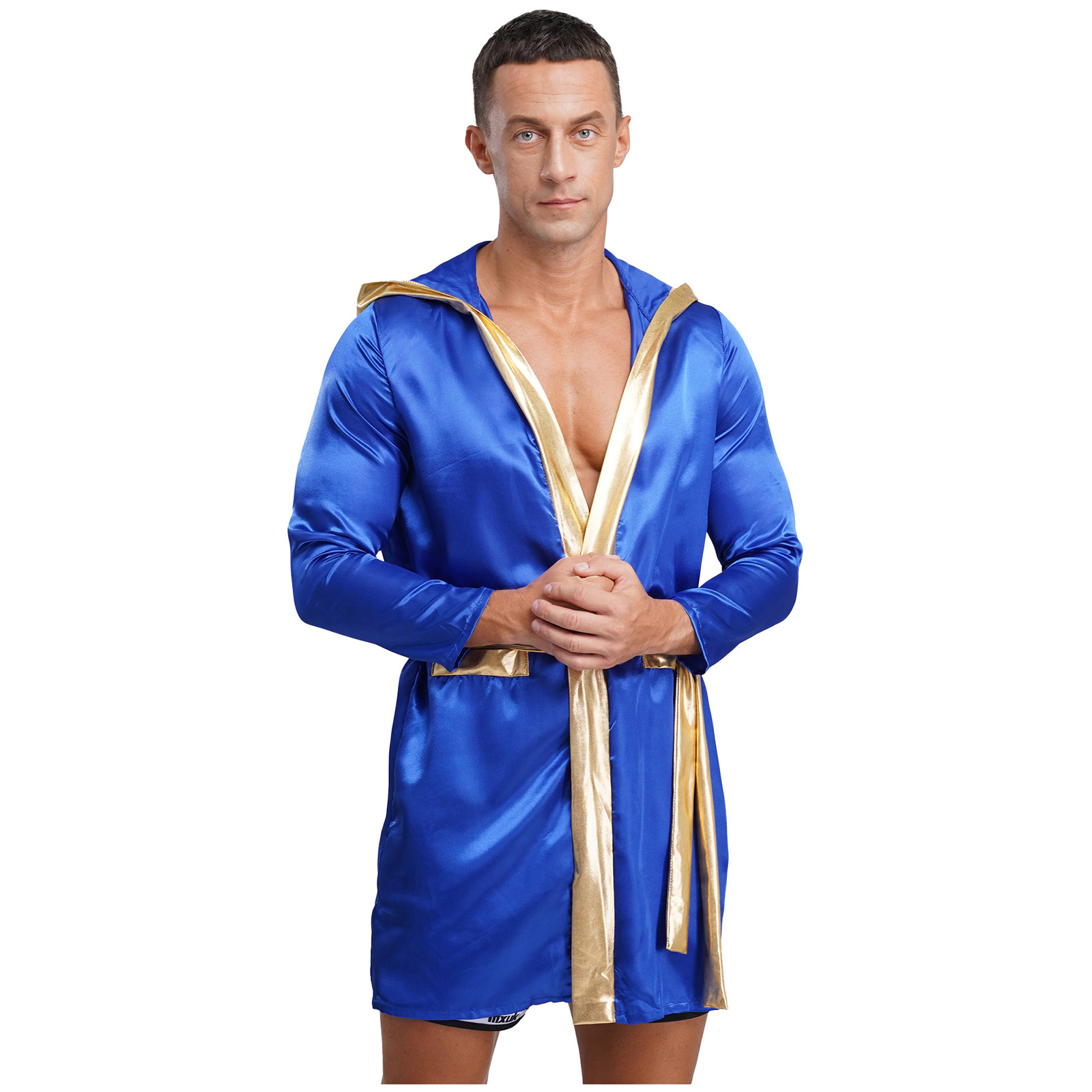 Robe de boxe pour hommes, Costume de carnaval d'halloween, Boxer, Cosplay, manches longues, ouvert sur le devant, cape à capuche en Satin métallique avec ceinture